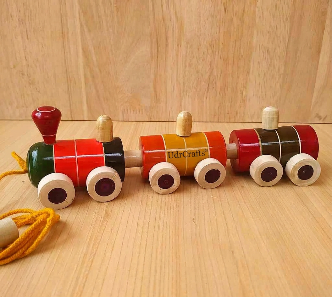 UdrCrafts® Wooden Train for 12 Months & Above Kids, Toddlers, Infant & Preschool Toys - Multicolor - with Attached String- Encourage Walking, Free Tiger peg Doll