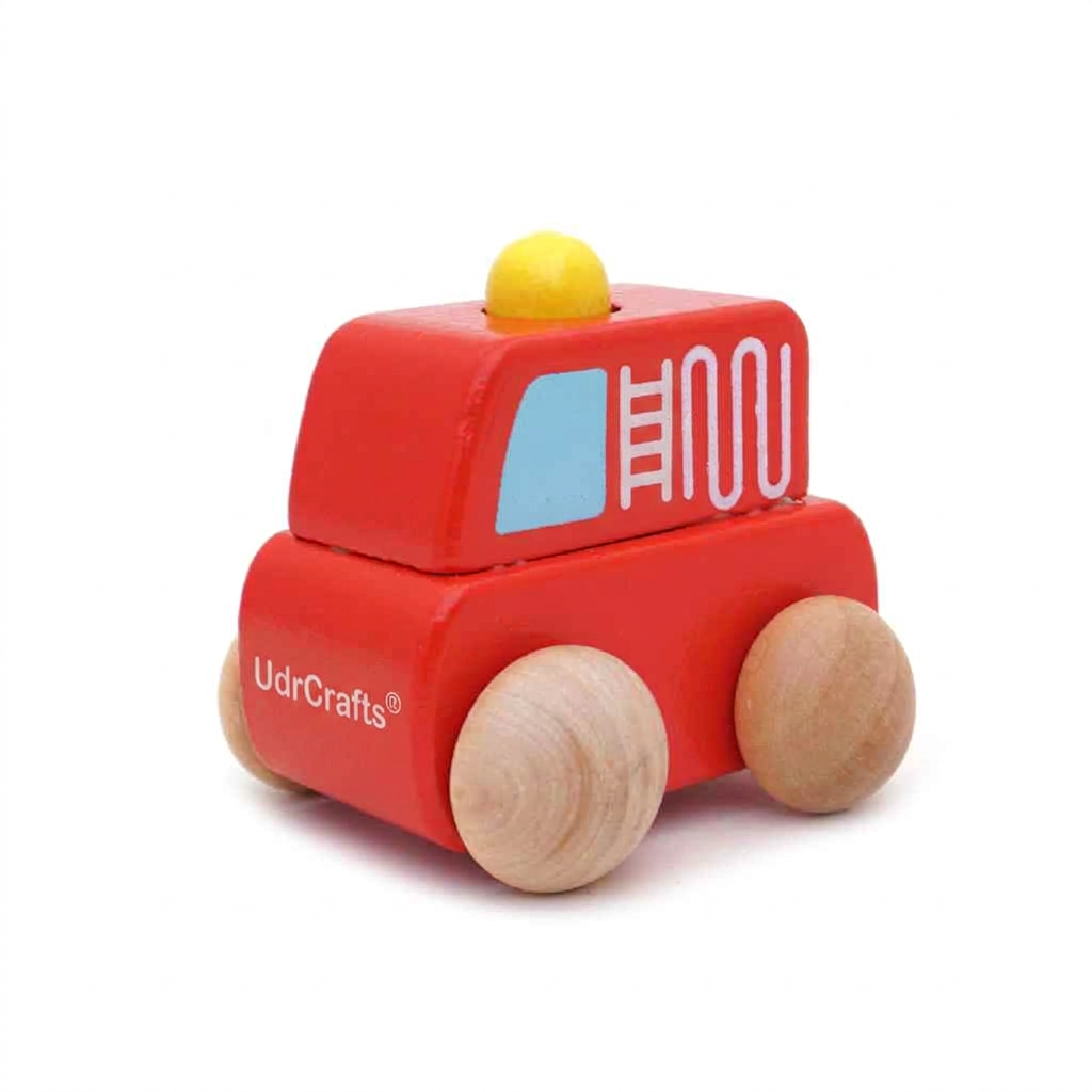 UdrCrafts® Montessori Wooden Mini Car Set Beech Wood Trolley & Grasping Toys for Kids Fun Fruits & Vehicles Design (Pack of 4)