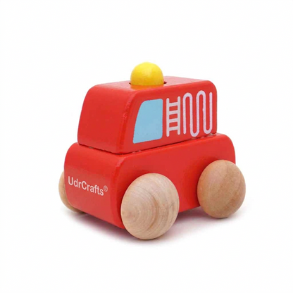 UdrCrafts® Montessori Wooden Mini Car Set Beech Wood Trolley & Grasping Toys for Kids Fun Fruits & Vehicles Design (Pack of 4)