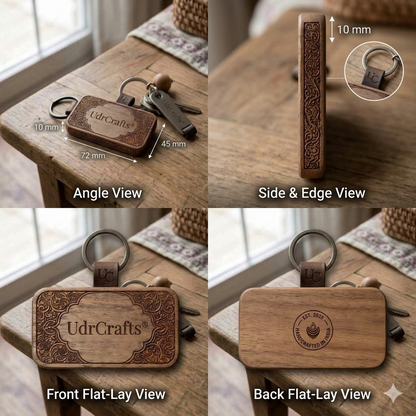 UdrCrafts® Premium Engraved Wood Keychain - Traditional Carved Design Wooden Keyring with Metallic Ring & Leather Strap, Ideal for Gifting