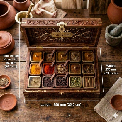 UdrCrafts® Luxury Hand-Carved Spice Container Box | Pure Wooden Masala Dani with Brass Inlay and Lock | Multipurpose Spice Storage Organizer Cabinet