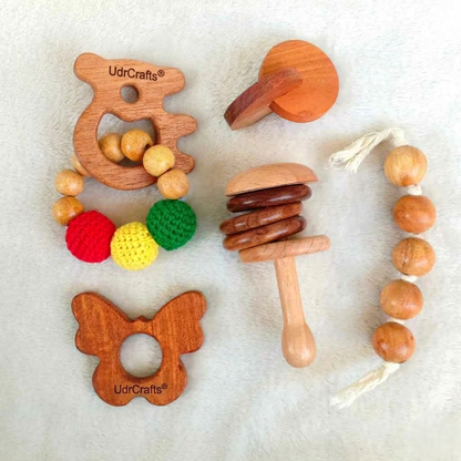 UdrCrafts® New Born Gift Set (Koala Teething Bracelet, Holding Ring Rattle, Grasping Teether, Butterfly Neem Teether,Interlocking Disc)