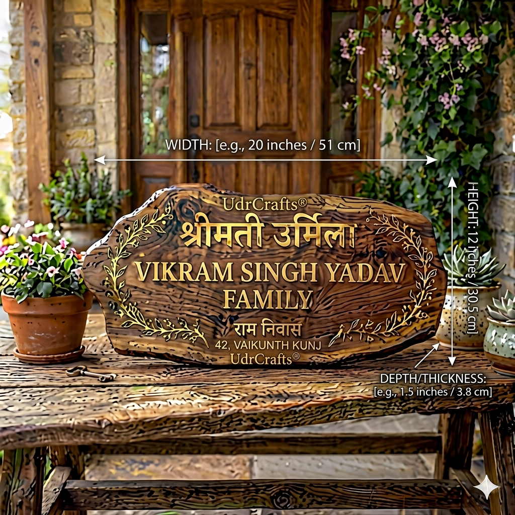 UdrCrafts® Personalized Luxury Wooden Name Plate | Custom 3D Golden Brass Text with Leaf Art for Home Main Door & Gate (Size: 18x8 Inches)