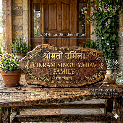 UdrCrafts® Personalized Luxury Wooden Name Plate | Custom 3D Golden Brass Text with Leaf Art for Home Main Door & Gate (Size: 18x8 Inches)