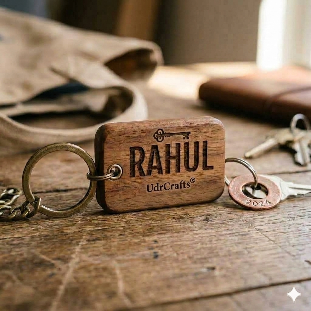 UdrCrafts® Personalized Wooden Name Keychain | Custom Engraved Walnut Wood Keyring for Car, Bike & Home Keys