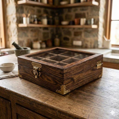 UdrCrafts® Handcrafted Wooden Masala Box | Square Sheesham Wood Spice Storage Container with Glass Top Lid & Brass Corners | Elegant Kitchen Countertop Spice Organizer with Spoon