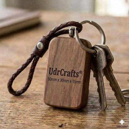 UdrCrafts Laser Engraved Wooden Keychain | Handcrafted Premium Walnut Wood Key Ring with Genuine Leather Strap for Men & Women