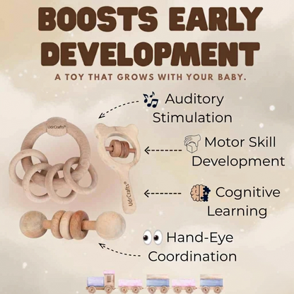 UdrCrafts® Wooden Rattle Set for Babies 0-6 Months, 6-12 Months | New Born Toys | Baby Shower Gifts | New Born Baby Essentials | Rattle Toys (Ring+Dumbbell+Micky Head)