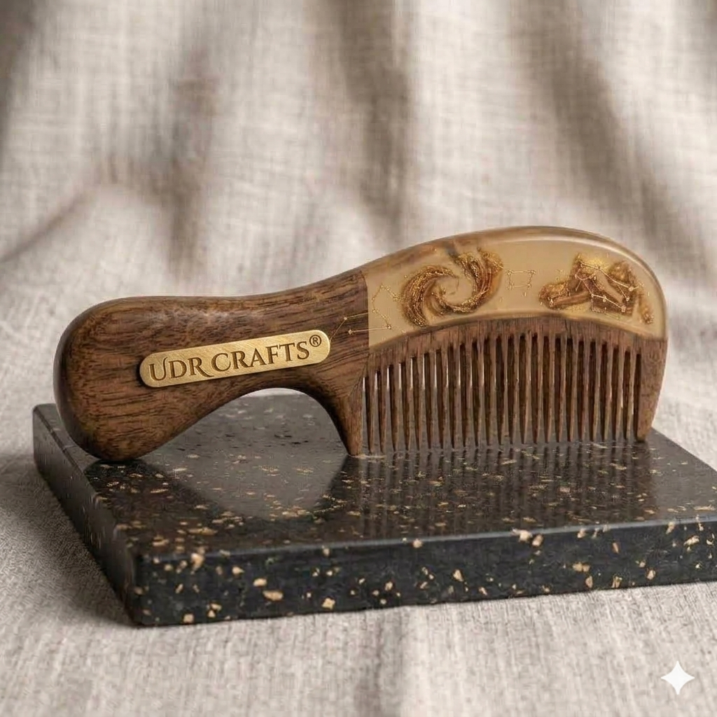 UdrCrafts® Celestial Collection Hand-Carved Wooden Comb | Natural Anti-Static Styling Comb with Glow Gold Stardust Inlay, Premium Gift for Hair Care