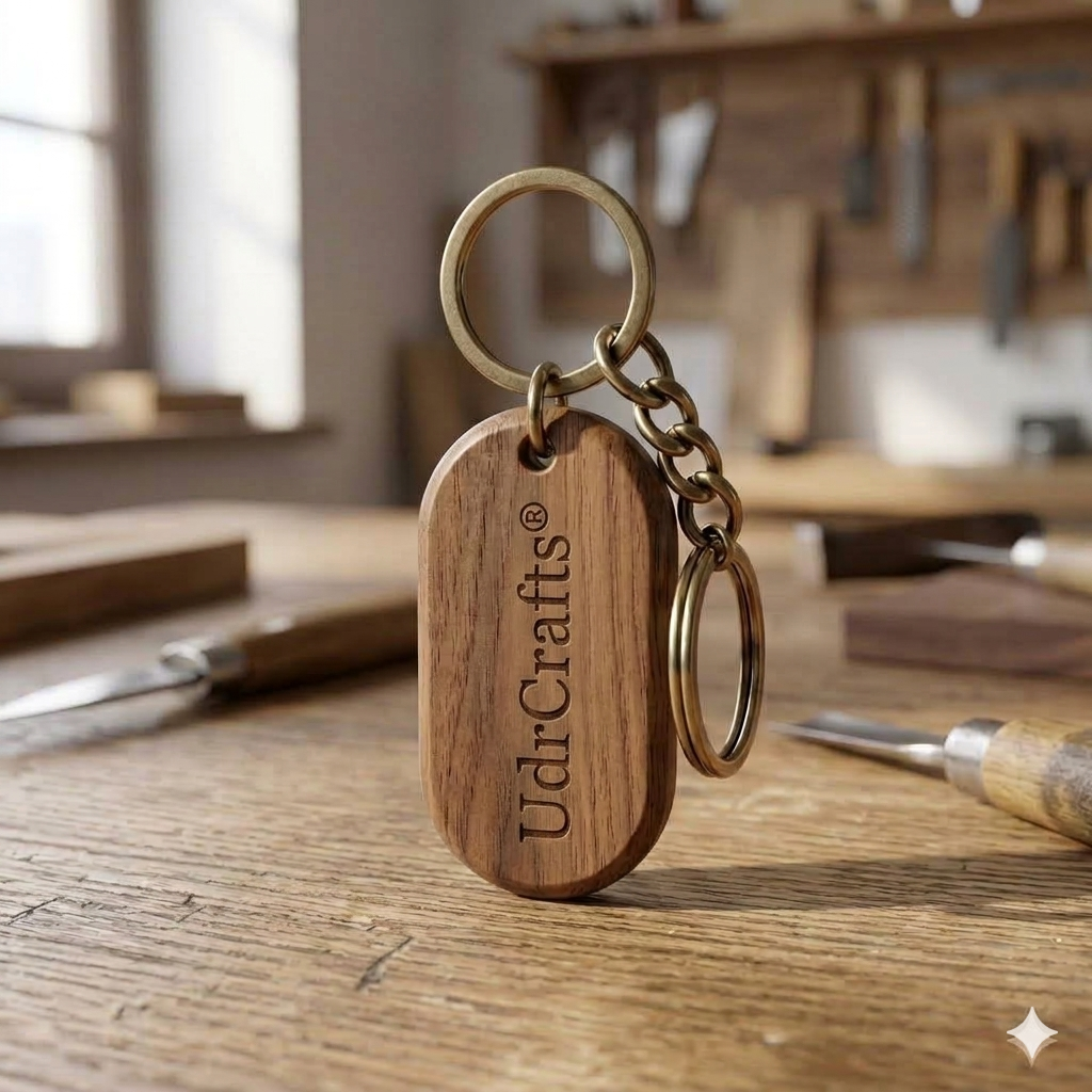 UdrCrafts® Premium Engraved Capsule Shape Wood Keychain - Sleek Natural Wood Keyring with Durable Metal Chain & Ring, Luxury Minimalist Gift for Men & Women