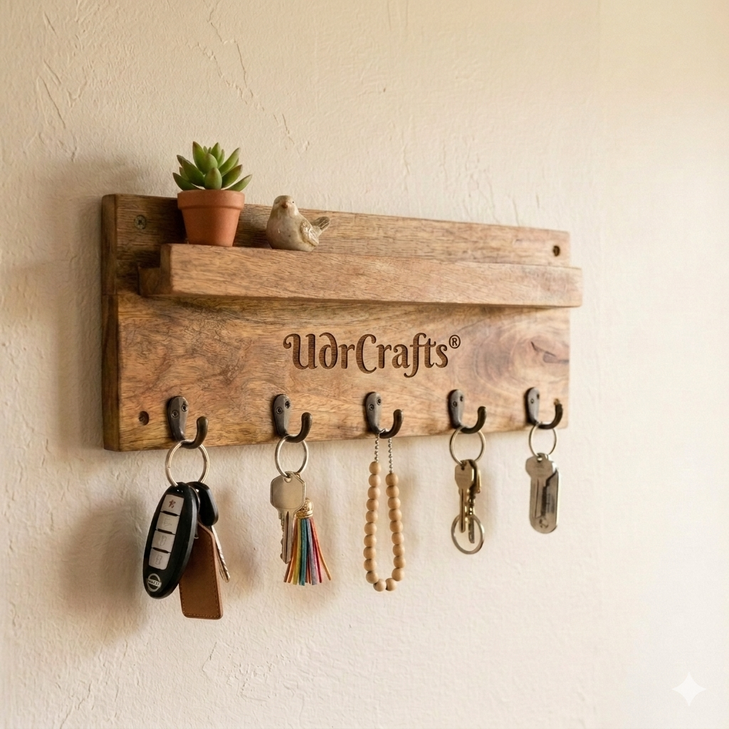 UdrCrafts® Modern Mango Wood Key Holder for Wall Decor | Wall Mounted Entrance Key Stand with Storage Shelf & 5 Hooks for Home/Office | Natural Wood Finish