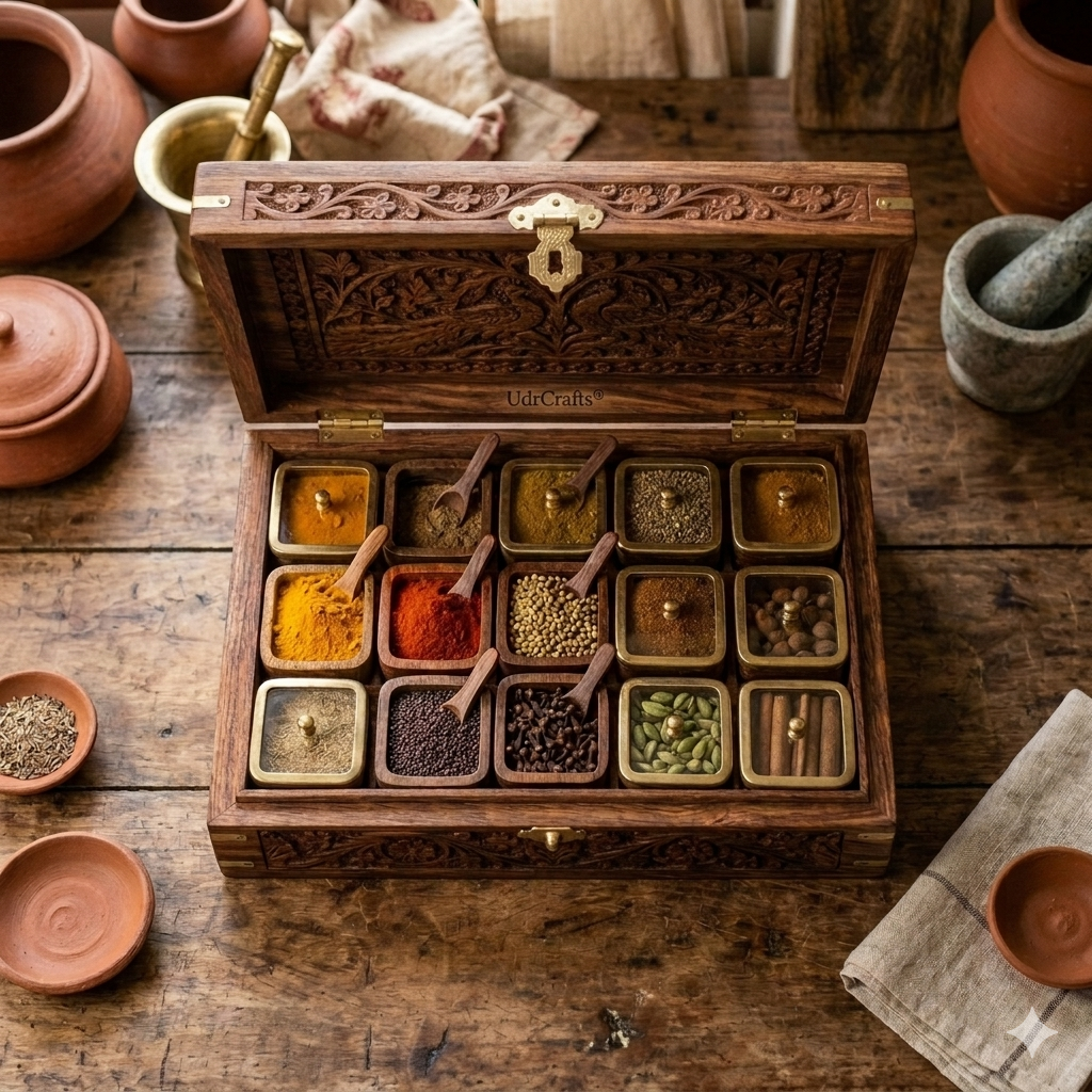 UdrCrafts® Luxury Hand-Carved Spice Container Box | Pure Wooden Masala Dani with Brass Inlay and Lock | Multipurpose Spice Storage Organizer Cabinet