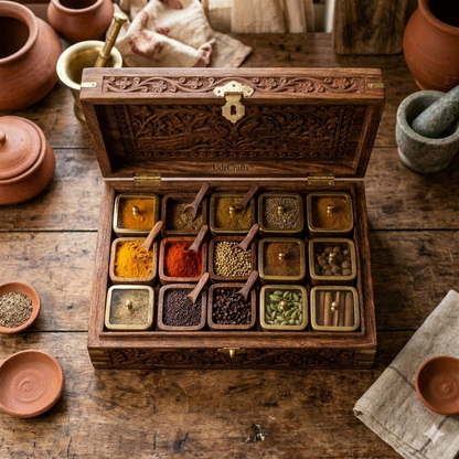 UdrCrafts® Luxury Hand-Carved Spice Container Box | Pure Wooden Masala Dani with Brass Inlay and Lock | Multipurpose Spice Storage Organizer Cabinet