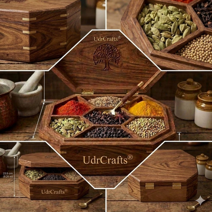 UdrCrafts® Antique Wooden Masala Box | Square Spice Containers for Kitchen with Unique Tree Carving & Brass Joints | Ideal Luxury Handicraft Gift Item for Diwali & Housewarming