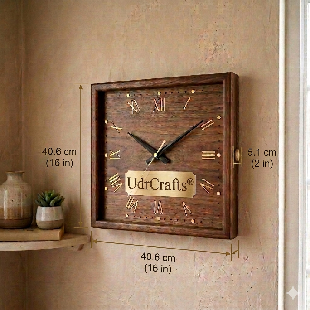 UdrCrafts® 16" Luxury Square Wooden Wall Clock | Handmade Antique Style Solid Wood Wall Watch for Living Room, Bedroom & Office Decor (Walnut Wood)