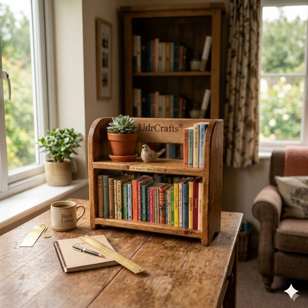 UdrCrafts® Handcrafted Wooden Tabletop Bookshelf – 2-Tier Mini Desktop Book Organizer, Magazine Storage Rack & Bookcase for Home and Office Table
