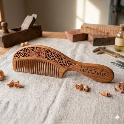 UdrCrafts® Premium Hand-Carved Wooden Hair Comb | Anti-Static Wide Tooth Detangling Comb with Ergonomic Handle