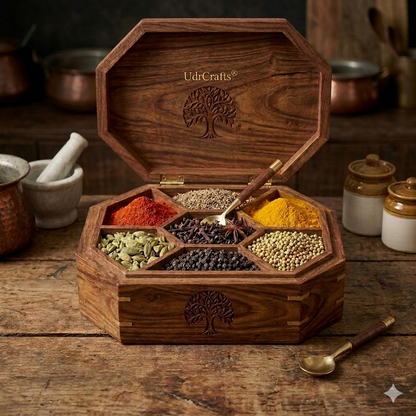 UdrCrafts® Antique Wooden Masala Box | Square Spice Containers for Kitchen with Unique Tree Carving & Brass Joints | Ideal Luxury Handicraft Gift Item for Diwali & Housewarming