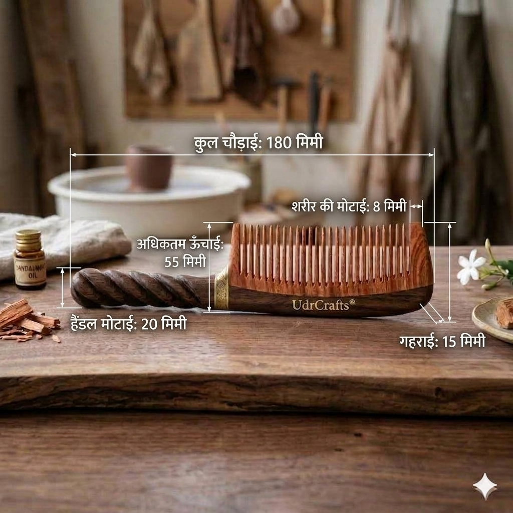 UdrCrafts® Designer Dual-Tone Wooden Comb – Wide Tooth Hair Detangling Comb with Twisted Handle, Anti-Hair Fall & Scalp Stimulation, Perfect for Gifting