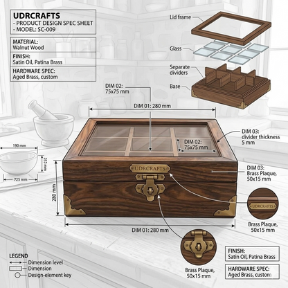 UdrCrafts® Handcrafted Wooden Masala Box | Square Sheesham Wood Spice Storage Container with Glass Top Lid & Brass Corners | Elegant Kitchen Countertop Spice Organizer with Spoon