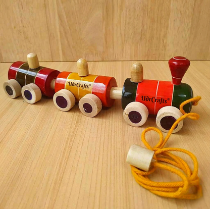UdrCrafts® Wooden Train for 12 Months & Above Kids, Toddlers, Infant & Preschool Toys - Multicolor - with Attached String- Encourage Walking, Free Tiger peg Doll