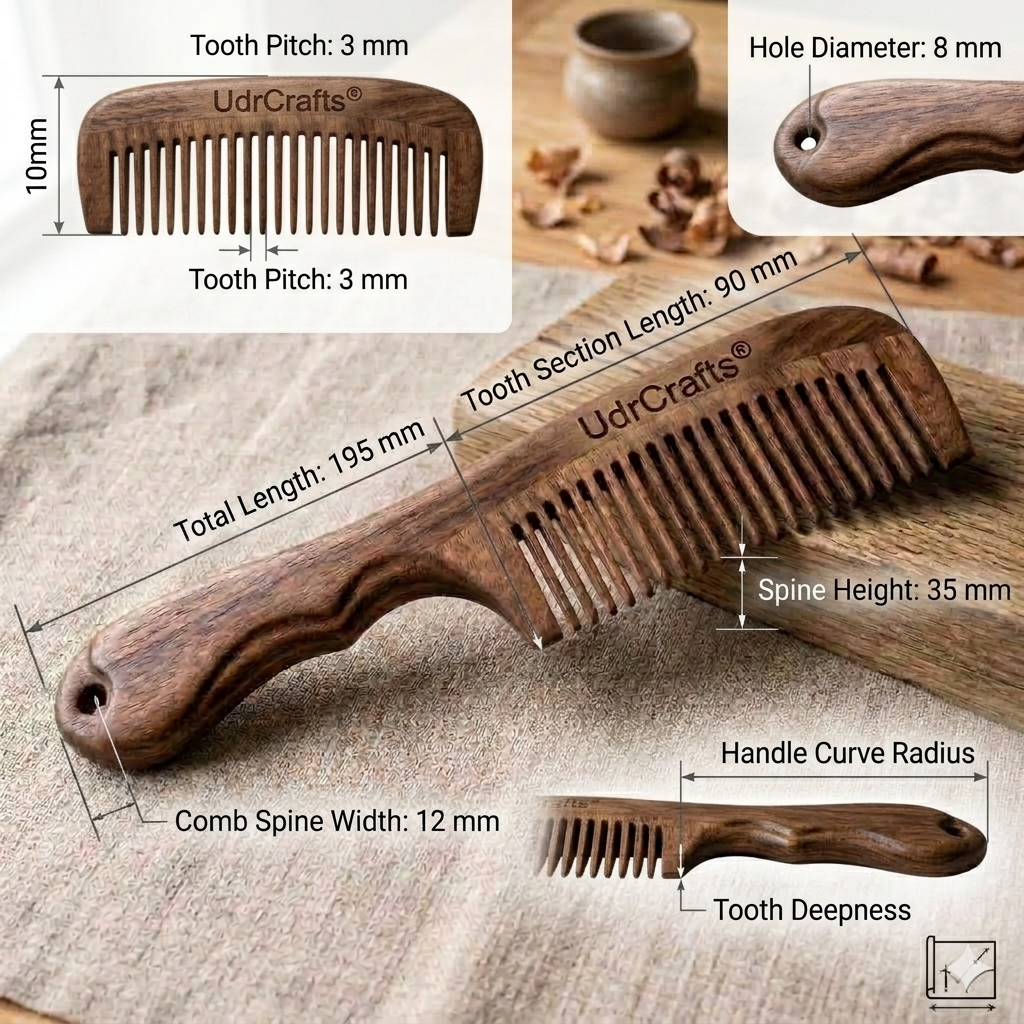UdrCrafts® Natural Sheesham Wood Hair Comb with Ergonomic Handle | Anti-Static, Detangling Wooden Styling Comb for All Hair Types | Gift for Hair Care