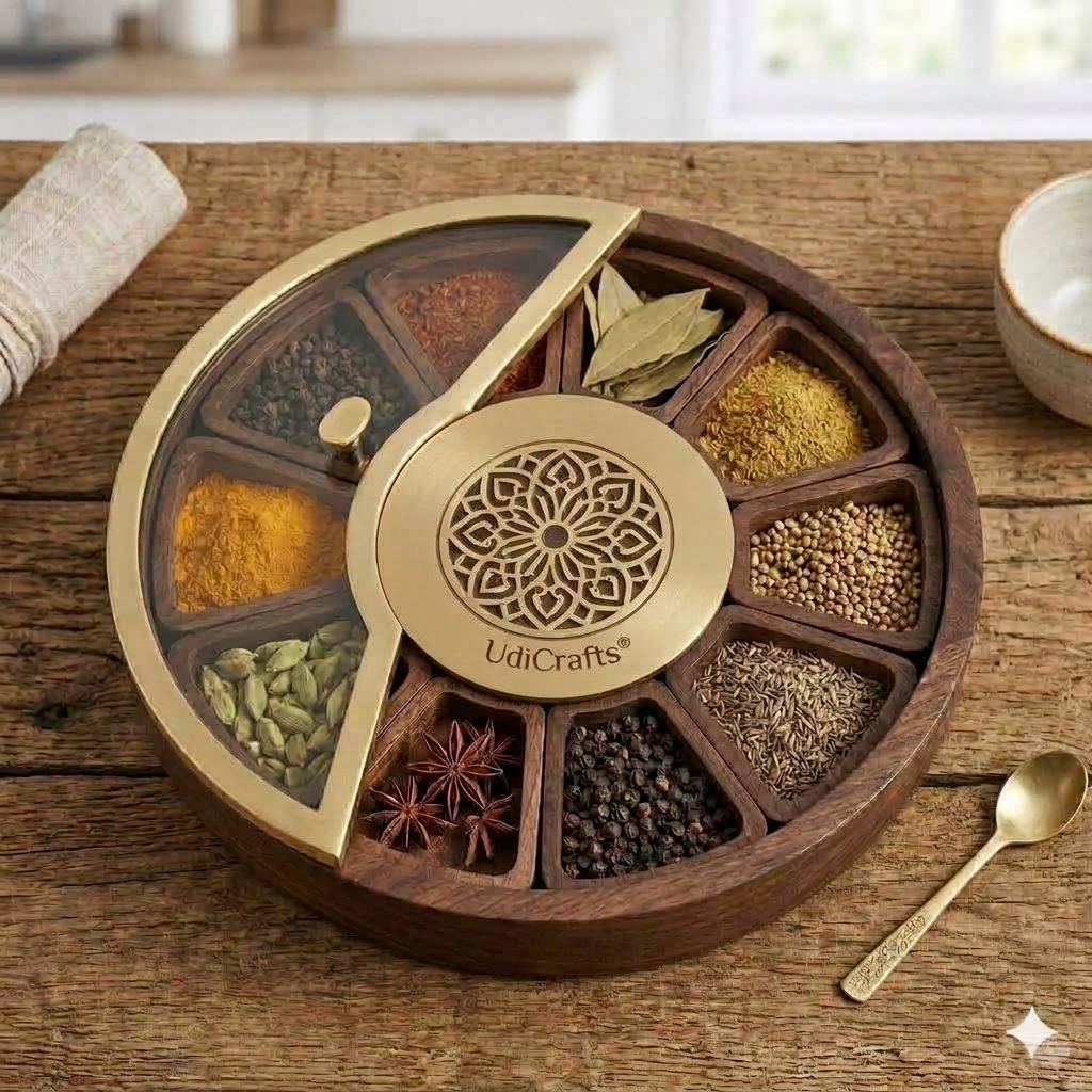 UdrCrafts® Handcrafted Wooden Masala Box | 11-Inch Round Spice Organizer with Smart Sliding Glass Top and Removable Wooden Bowls
