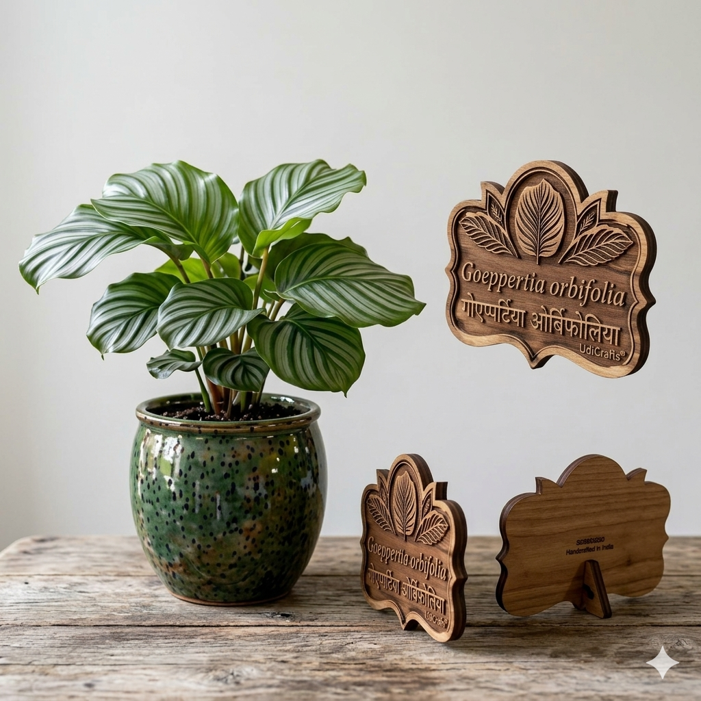 UdrCrafts® Premium Engraved Teak Wood Plant Name Board – Customized Botanical Garden Marker & Sign for Goeppertia Orbifolia Indoor Plants