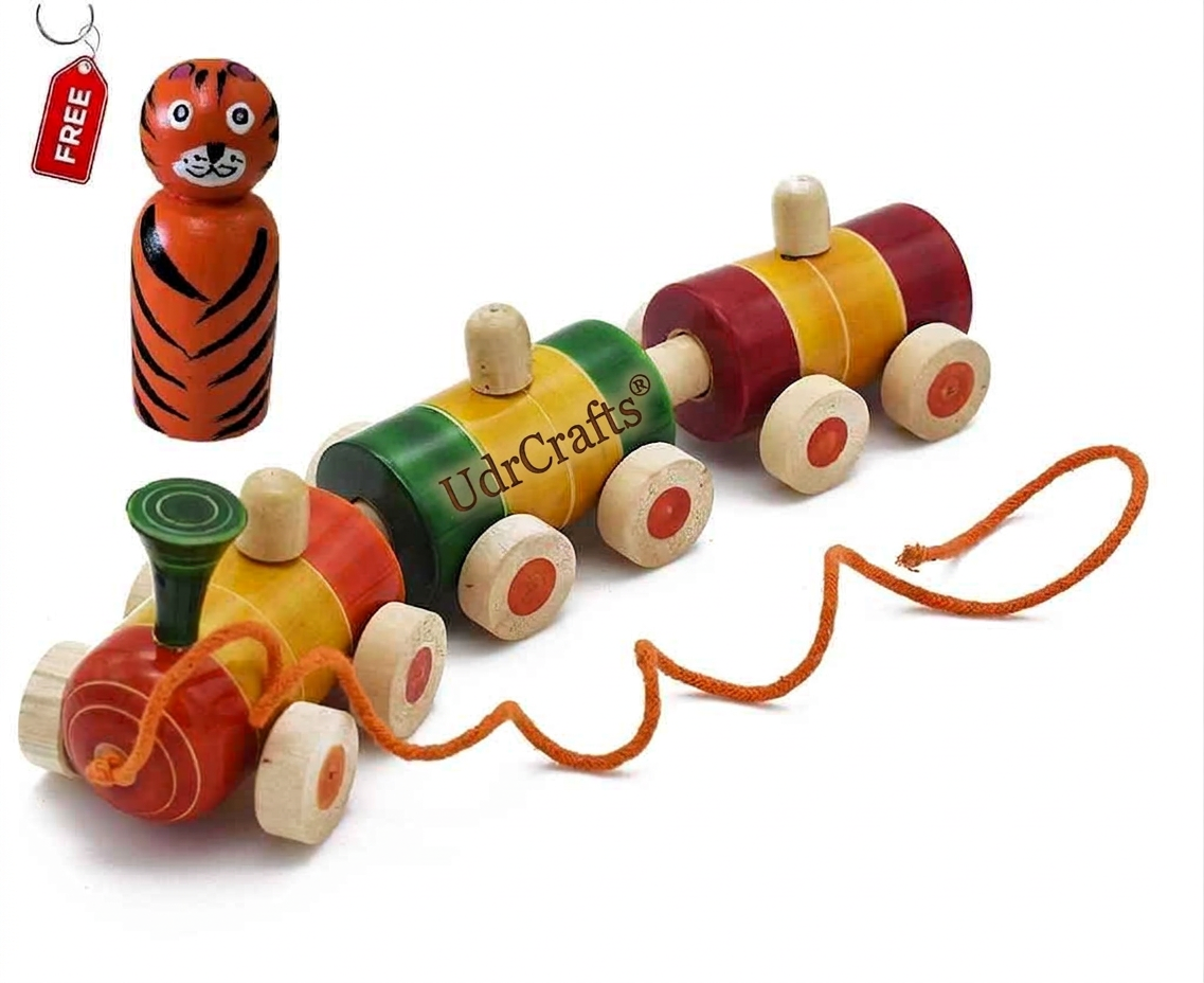 UdrCrafts® Wooden Train for 12 Months & Above Kids, Toddlers, Infant & Preschool Toys - Multicolor - with Attached String- Encourage Walking, Free Tiger peg Doll