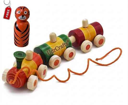 UdrCrafts® Wooden Train for 12 Months & Above Kids, Toddlers, Infant & Preschool Toys - Multicolor - with Attached String- Encourage Walking, Free Tiger peg Doll