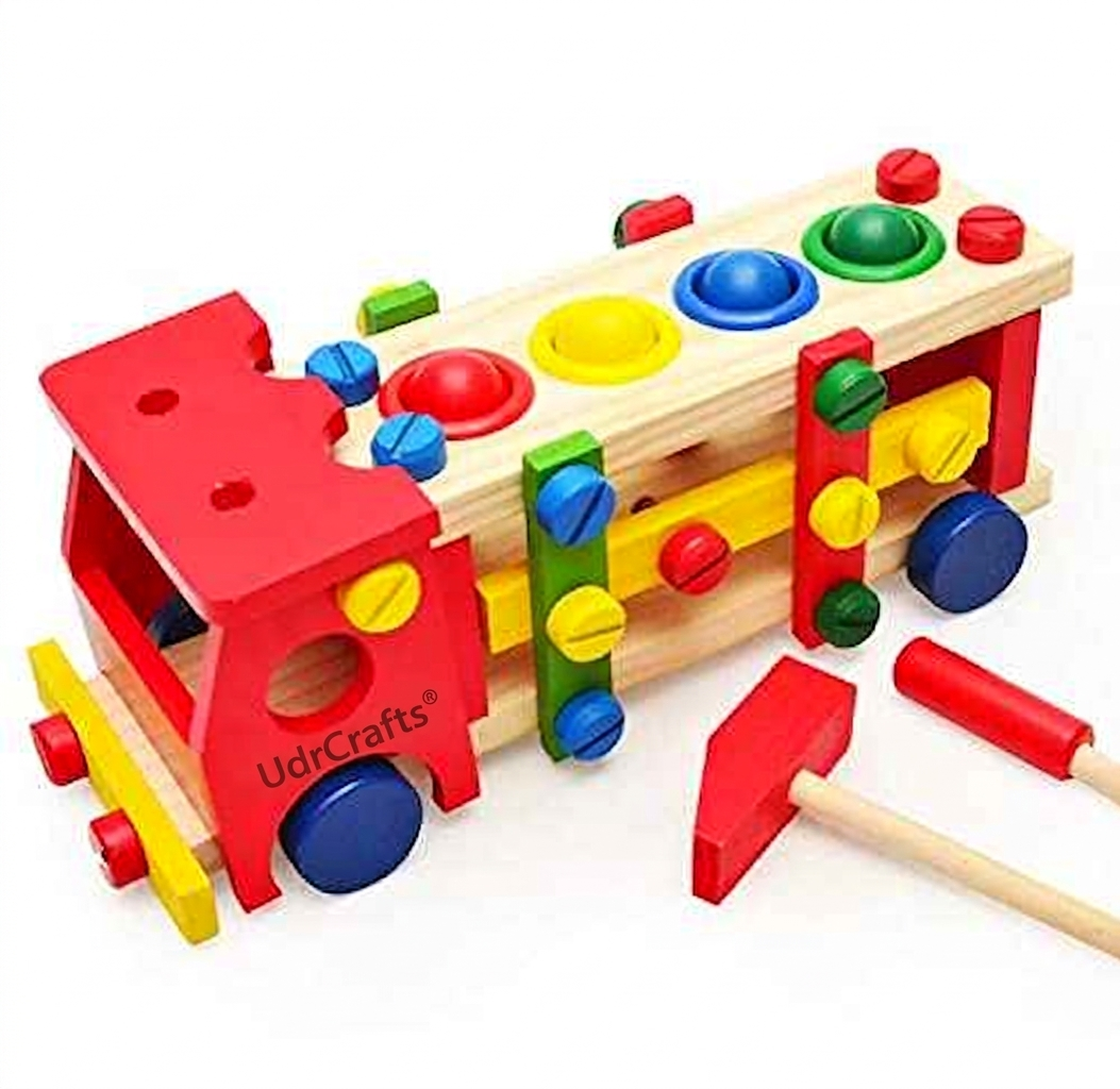 UdrCrafts® 2 in 1 DIY Screw Car Vehicle Hammer Ball, Reassembly Multifunction Building Blocks, Knock Tinker Toy, Educational Toy Kids 3+Years,Wood, Multi Color