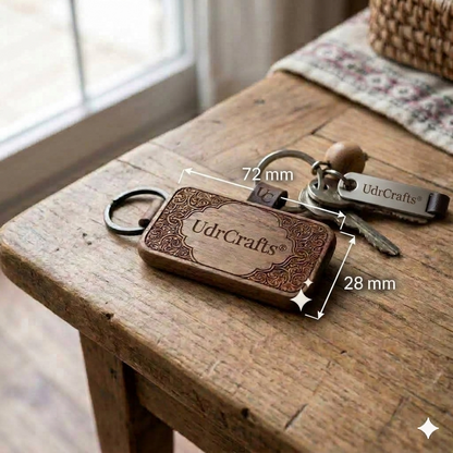 UdrCrafts® Premium Engraved Wood Keychain - Traditional Carved Design Wooden Keyring with Metallic Ring & Leather Strap, Ideal for Gifting