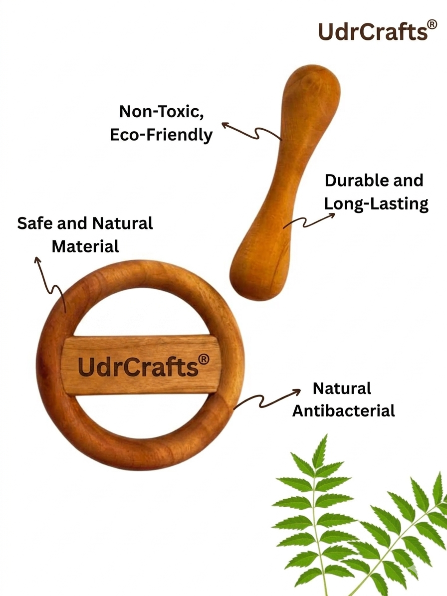 UdrCrafts® Organic Neem Wood Teether Combo for Babies – 1 Ring Rattler, 1 Dumbbell & 1 Teething Ring_ Pack of 3 Safe Natural Wooden Toys for 3–12 Months | Handcrafted & Eco-Friendly | wooden teethers for 6 to 12 months