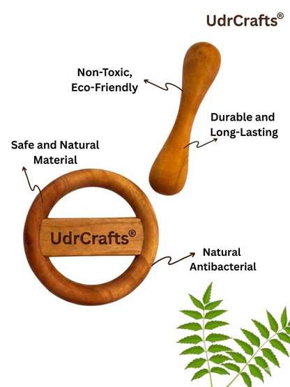 UdrCrafts® Organic Neem Wood Teether Combo for Babies – 1 Ring Rattler, 1 Dumbbell & 1 Teething Ring_ Pack of 3 Safe Natural Wooden Toys for 3–12 Months | Handcrafted & Eco-Friendly | wooden teethers for 6 to 12 months