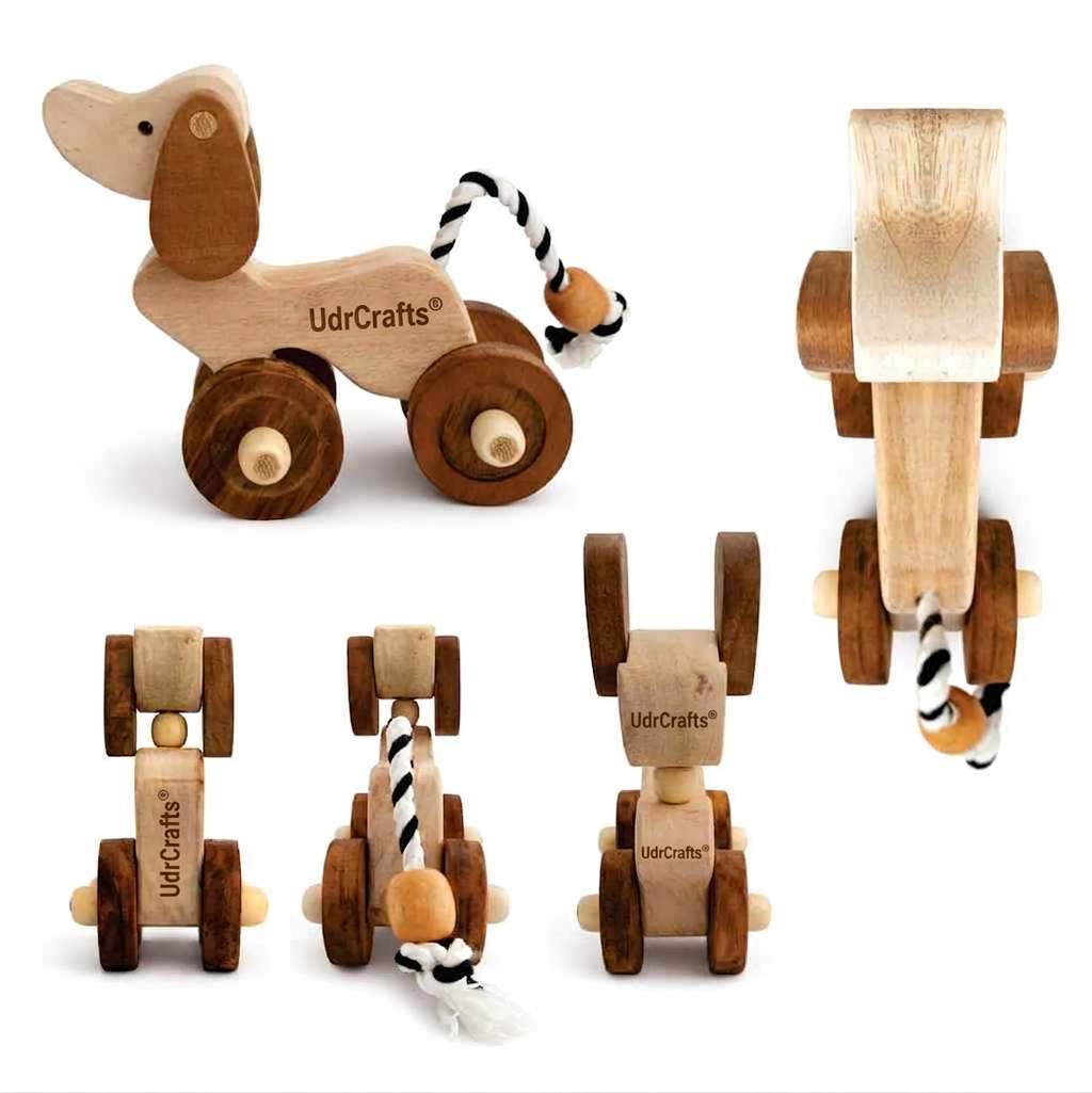 UdrCrafts® Wooden Dog Pull-Along Toy for Toddlers | Natural Solid Wood | Cotton Pull String | No Metal | Eco-Friendly & Plastic-Free | Smooth Rolling Wheels | Nursery Decor Toy (1.5–4 Years)