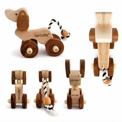 UdrCrafts® Wooden Dog Pull-Along Toy for Toddlers | Natural Solid Wood | Cotton Pull String | No Metal | Eco-Friendly & Plastic-Free | Smooth Rolling Wheels | Nursery Decor Toy (1.5–4 Years)