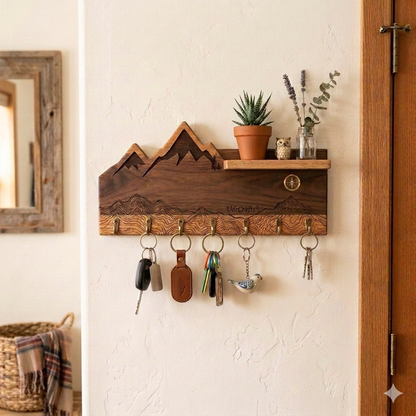 UdrCrafts® Wooden Key Holder for Wall | Mountain Art Key Stand with Small Shelf | Stylish Wall Mounted Key Hanger & Organiser for Home Decor