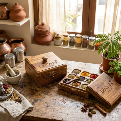 UdrCrafts® Handcrafted Sheesham Wood Masala Box for Kitchen | 9 Compartments Square Spice Box with Wooden Spoon & Lid | Premium Wooden Masala Dani Organizer Container Set (Brown, 22x22 cm