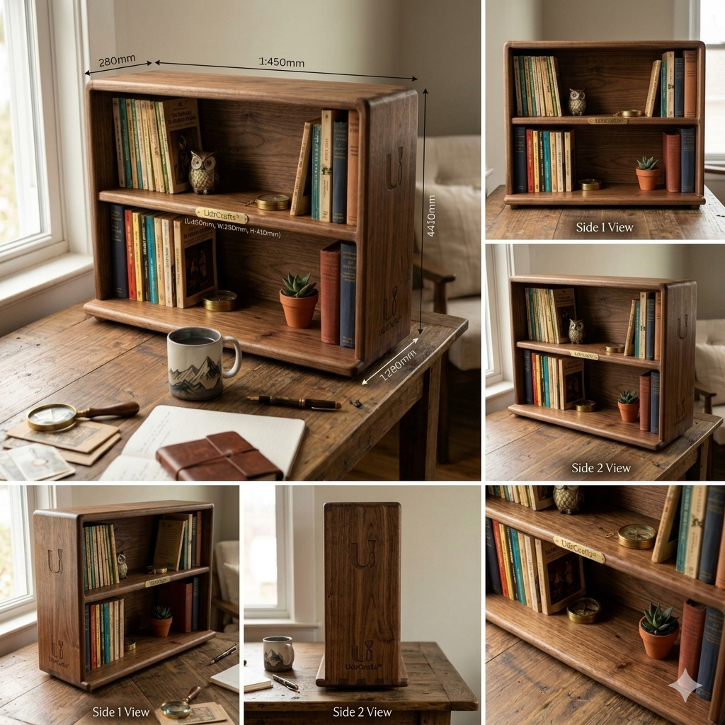 UdrCrafts® Handcrafted Wooden Tabletop Bookshelf – 2-Tier Mini Desktop Book Organizer, Magazine Storage Rack & Bookcase for Home and Office Table