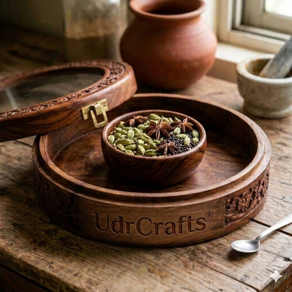 UdrCrafts® Premium Wooden Masala Box | Elegant Round Spice Organizer Container for Kitchen Decor | Sheesham Wood Masala Dani with Transparent Glass Lid