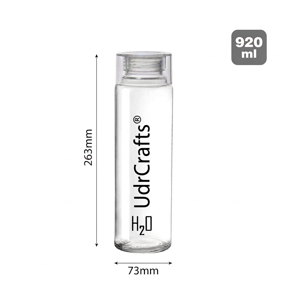 UdrCrafts® H2O Glass Water Bottle for Office & Daily Use 920 ml, Transparent | Durable & Stylish, Freezable & Fridge Safe, Leakproof Wide Mouth Leadfree Toughened Glass Water Bottle For Kitchen & Travel