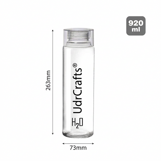 UdrCrafts® H2O Glass Water Bottle for Office & Daily Use 920 ml, Transparent | Durable & Stylish, Freezable & Fridge Safe, Leakproof Wide Mouth Leadfree Toughened Glass Water Bottle For Kitchen & Travel