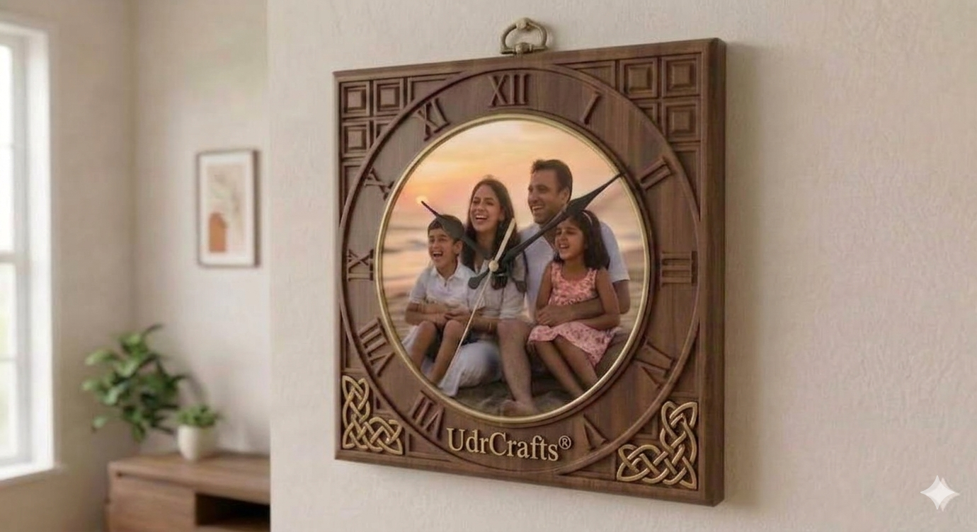 UdrCrafts® Custom Photo Wall Clock - Personalized Wooden Square Clock with Family Picture for Anniversary, Birthday, Marriage & Home Decor