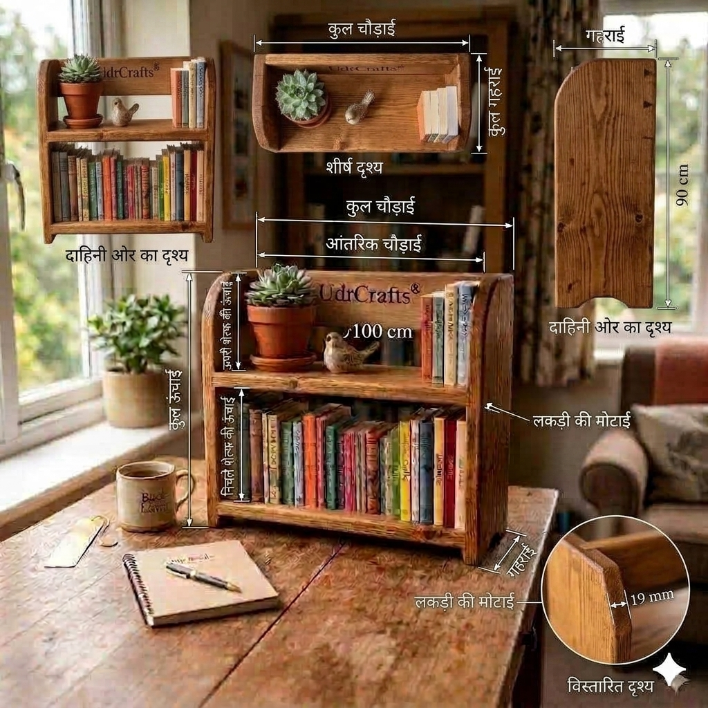 UdrCrafts® Handcrafted Wooden Tabletop Bookshelf – 2-Tier Mini Desktop Book Organizer, Magazine Storage Rack & Bookcase for Home and Office Table