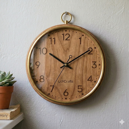 UdrCrafts® Premium Square Wood Wall Clock - 12 Inch Antique Brown Analog Timepiece with Metallic Ring & Hanger for Wall Decoration, Unique Luxury Gift for Anniversary & Housewarming