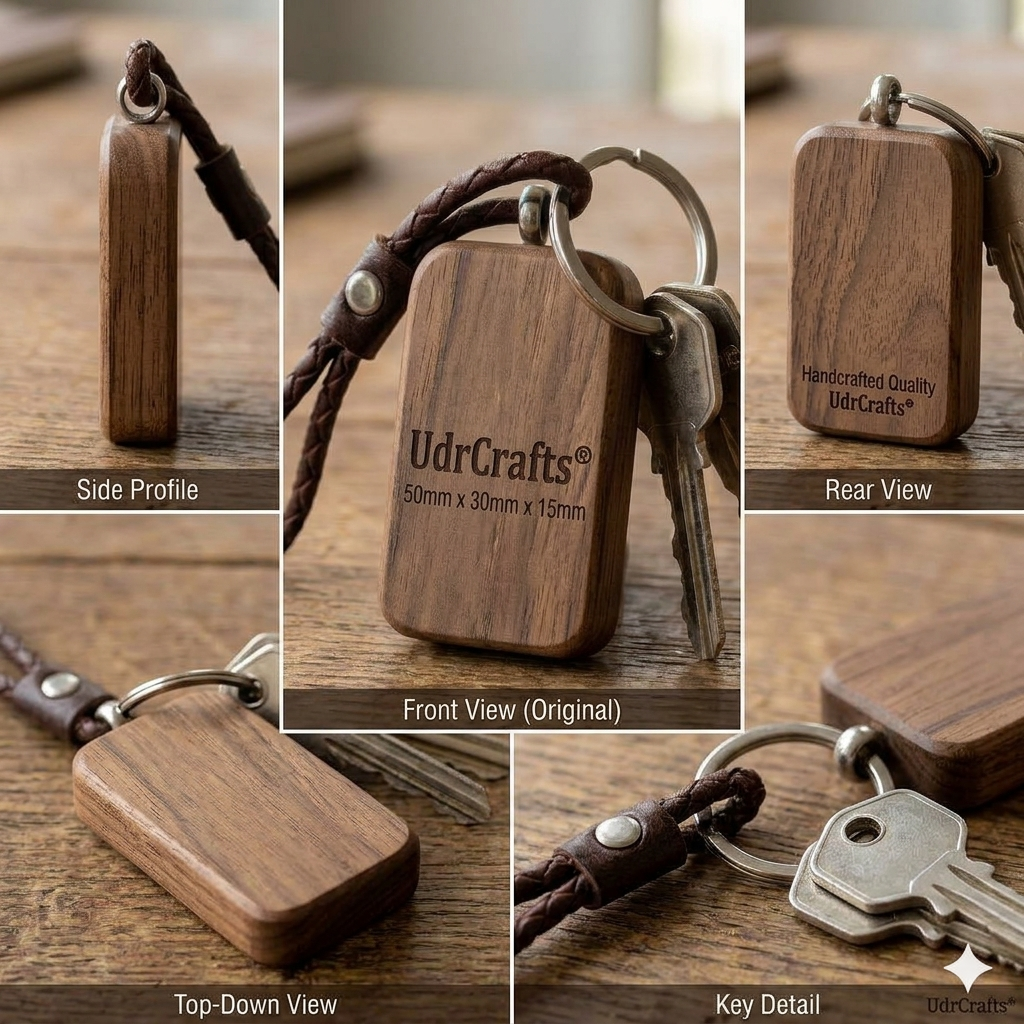 UdrCrafts Laser Engraved Wooden Keychain | Handcrafted Premium Walnut Wood Key Ring with Genuine Leather Strap for Men & Women