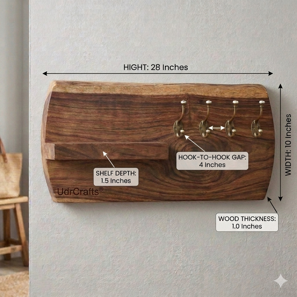 UdrCrafts® Decorative Wooden Key Stand for Wall Hanging | Premium Live-Edge Key Organizer Rack with Shelf for Wallet, Phone and Chabi | Wall Decor Hanger for Entrance