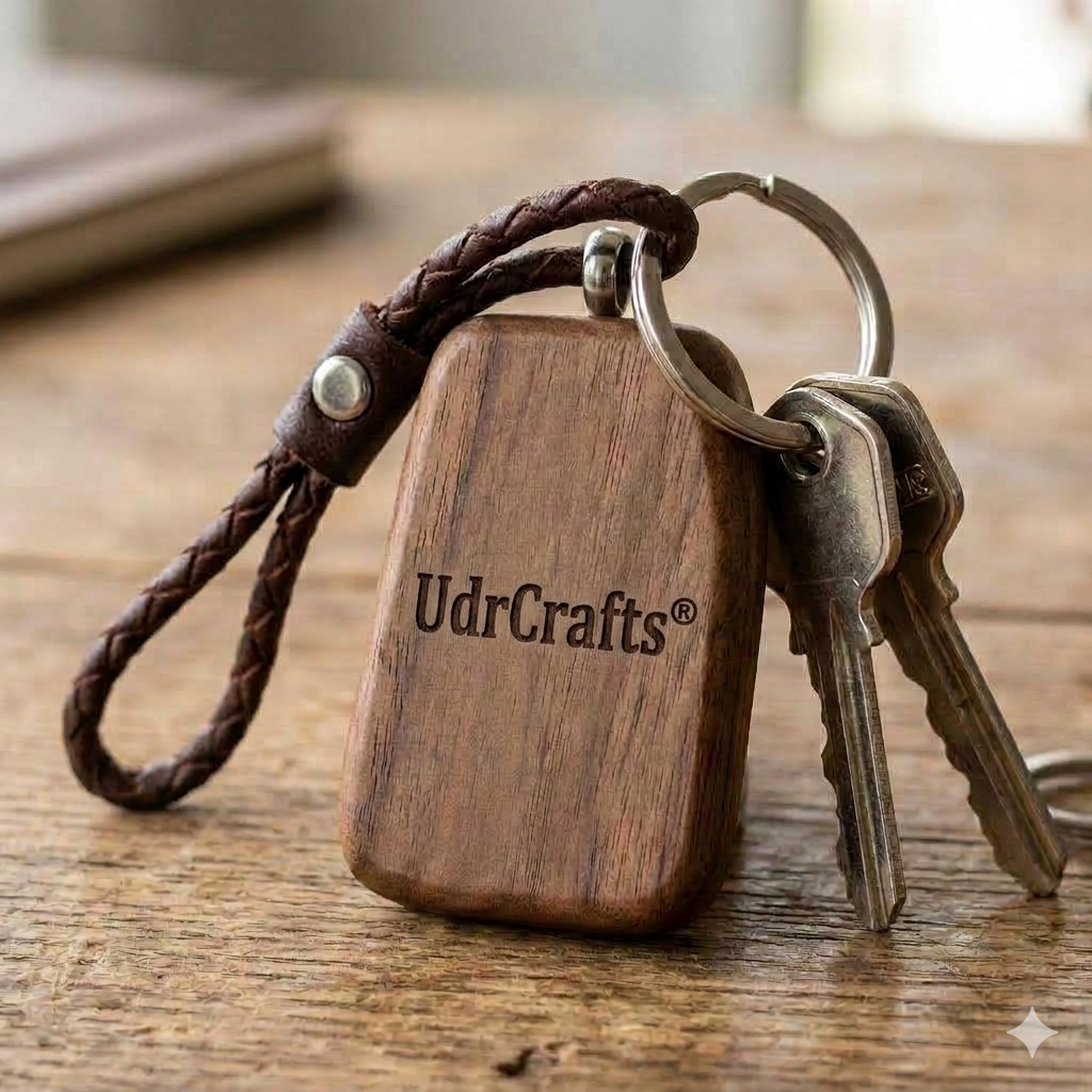 UdrCrafts Laser Engraved Wooden Keychain | Handcrafted Premium Walnut Wood Key Ring with Genuine Leather Strap for Men & Women