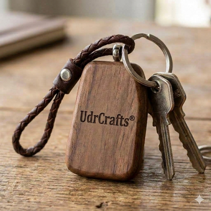 UdrCrafts Laser Engraved Wooden Keychain | Handcrafted Premium Walnut Wood Key Ring with Genuine Leather Strap for Men & Women