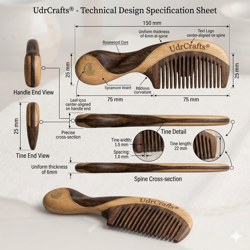 UdrCrafts® Designer Curved Wooden Comb – Wide Tooth Hair Detangling Comb with Anti-Static Seamless Teeth, Ideal for Daily Scalp Massage & Gifting